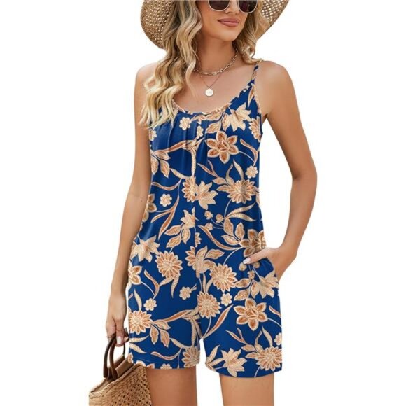 Womens Casual Summer Sleeveless Shorts Jumpsuits Deep Blue Floral - Picture 1 of 1